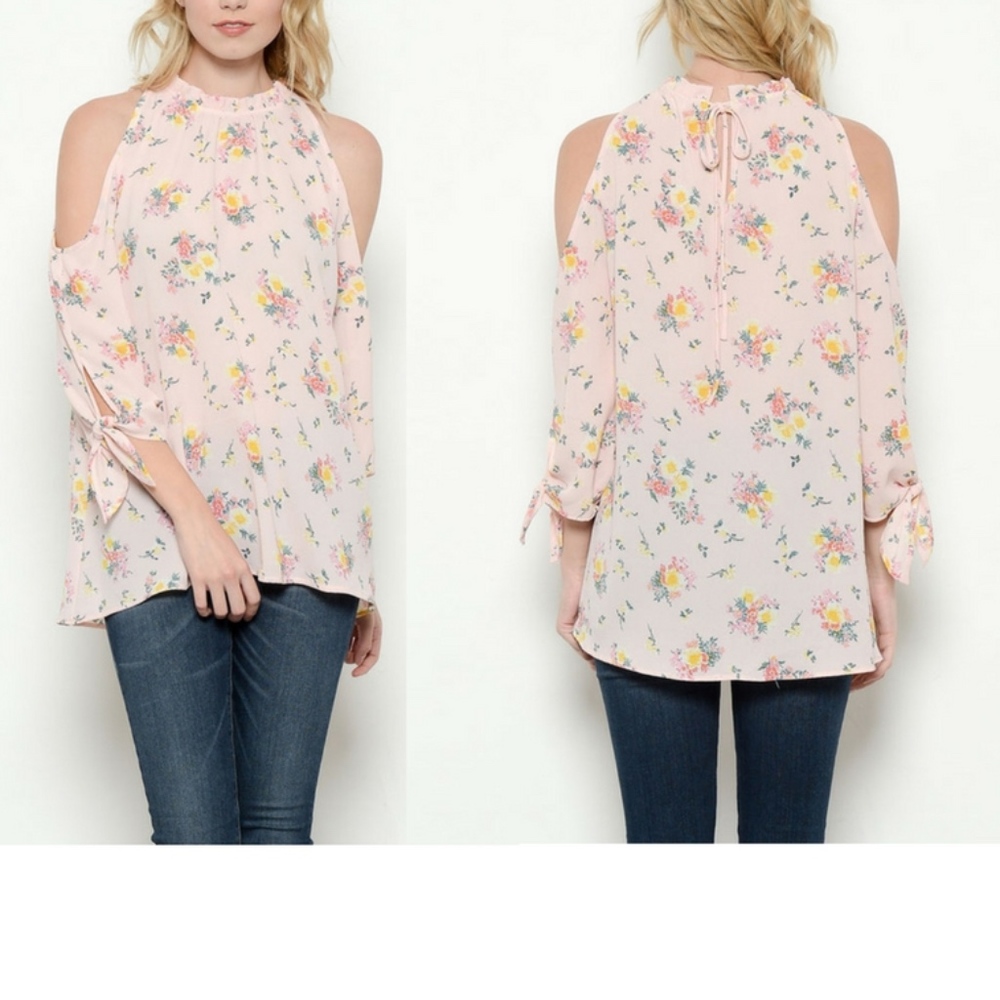 Peach Floral Print High Neck Blouse